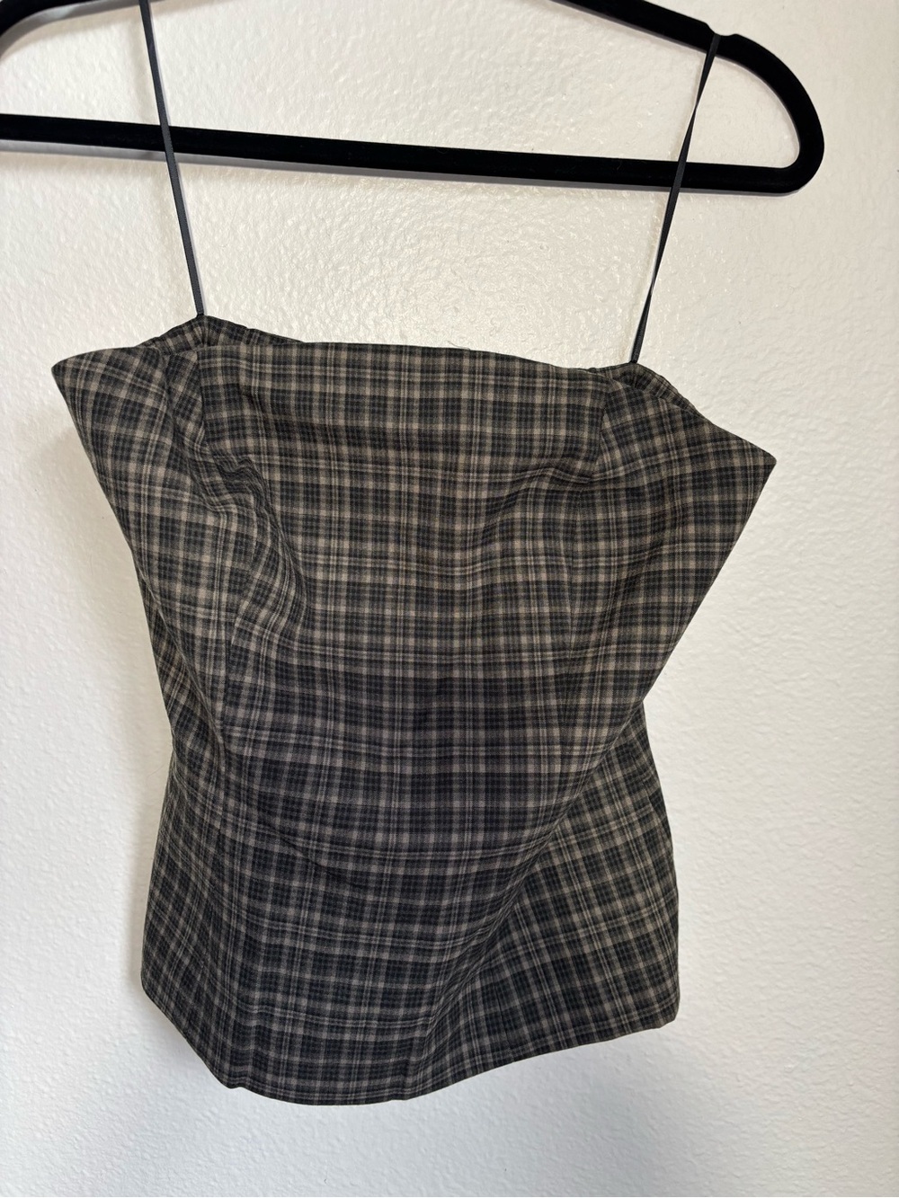 Reformation x Kacey Musgraves Steeplechase Plaid Strapless Top Brown